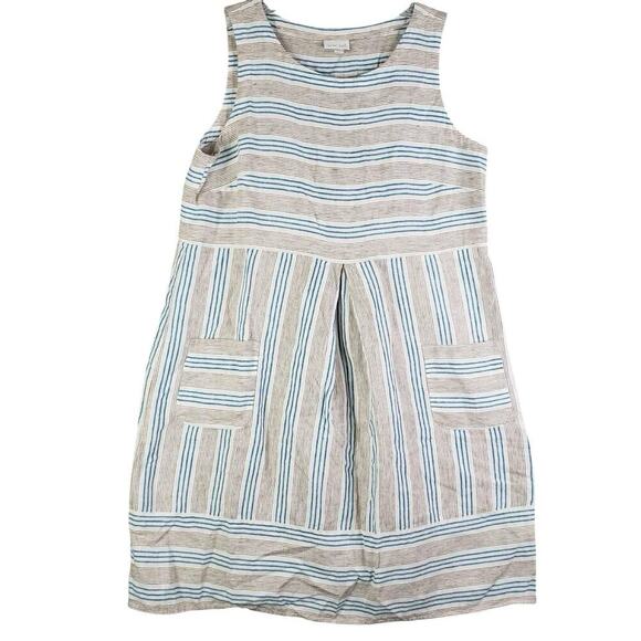 J Jill Love Linen Dress Women’s Large L Gray Blue Striped Geometric Sleeveless - Picture 2 of 10